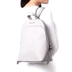 Michael Kors Emmy Large Dome Saffiano Leather White w/ Silver Hardware Backpack